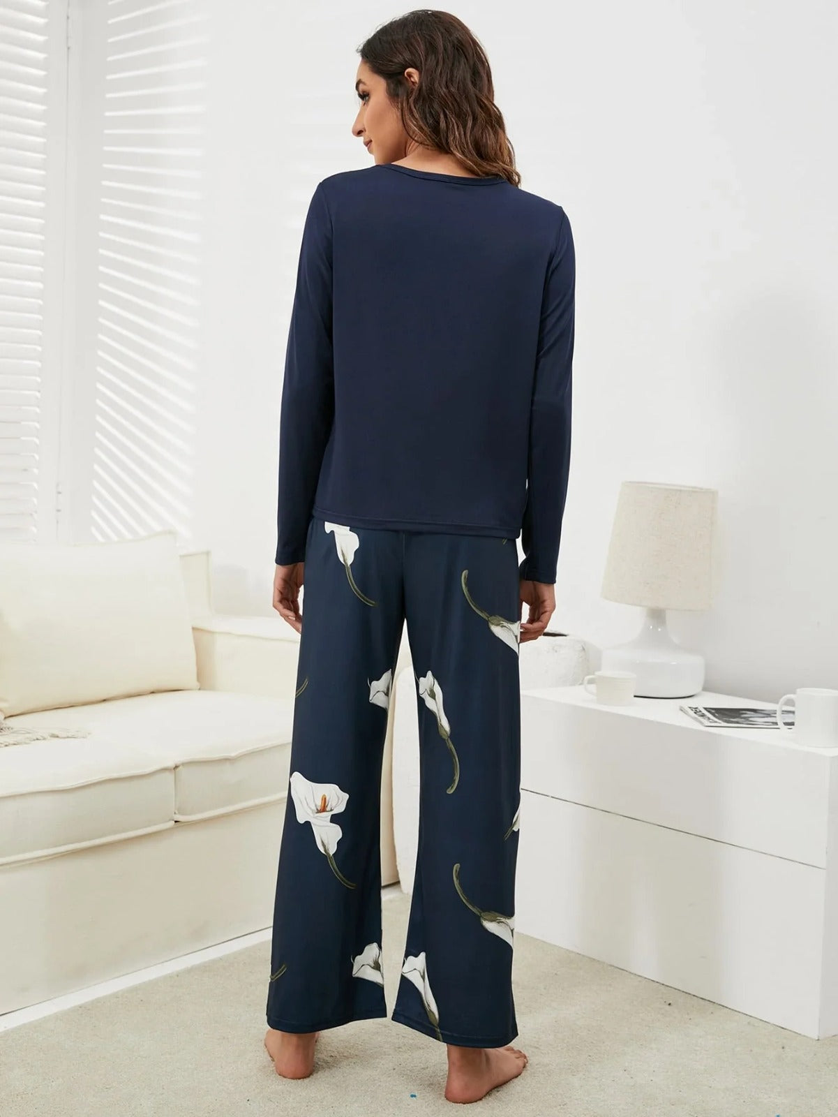 Navy Blue Pulip Flower Night Suit For Women
