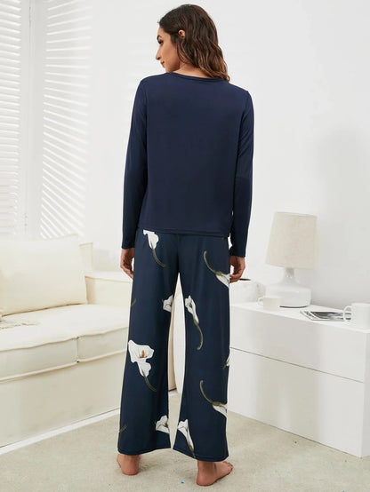 Navy Blue Pulip Flower Night Suit For Women