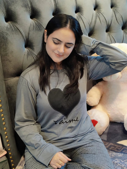 Black Heart Printed Night Suit