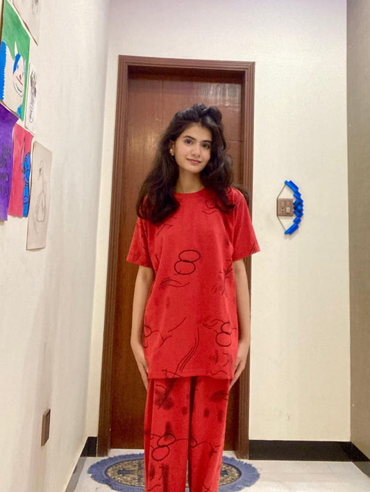 Red Ring Printed Capri Night Suit