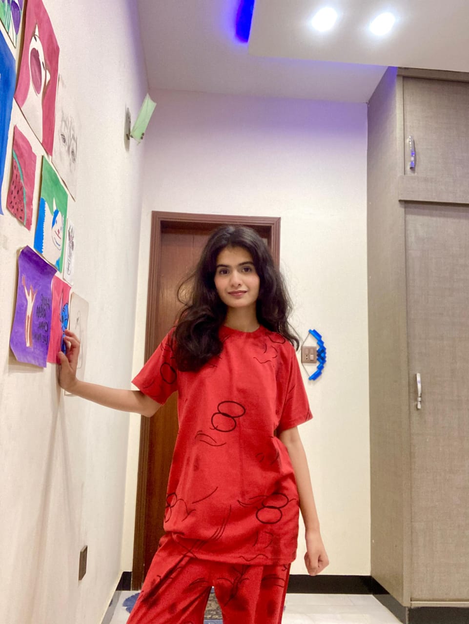 Red Ring Printed Capri Night Suit