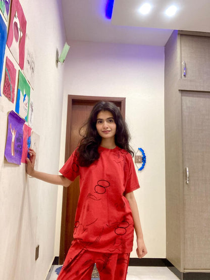 Red Ring Printed Capri Night Suit
