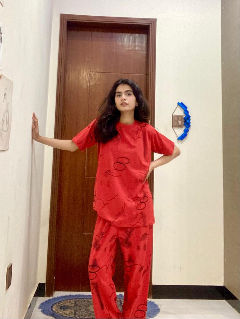 Red Ring Printed Capri Night Suit