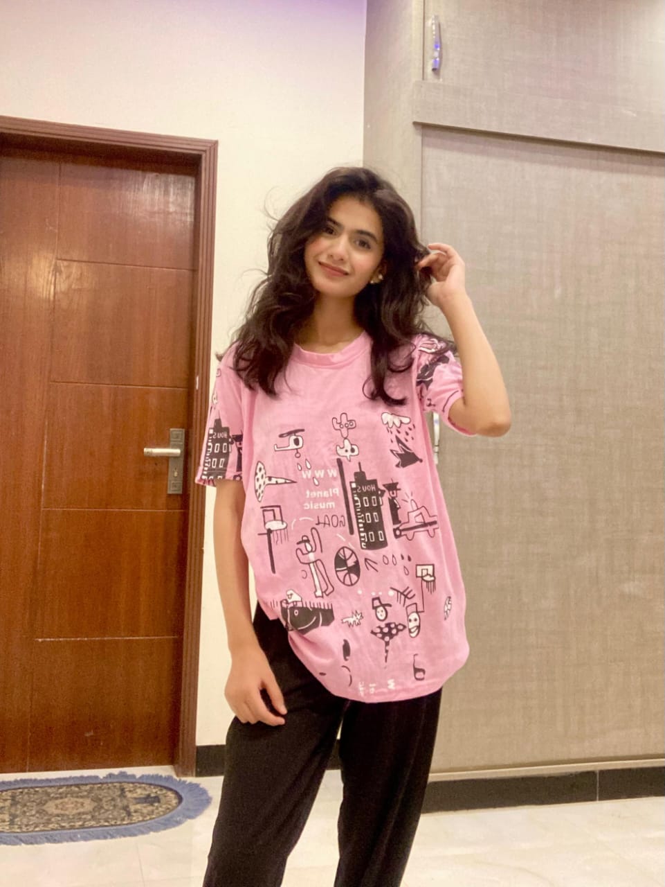 Pink Planet Music With Black Pajama Printed Night Suit