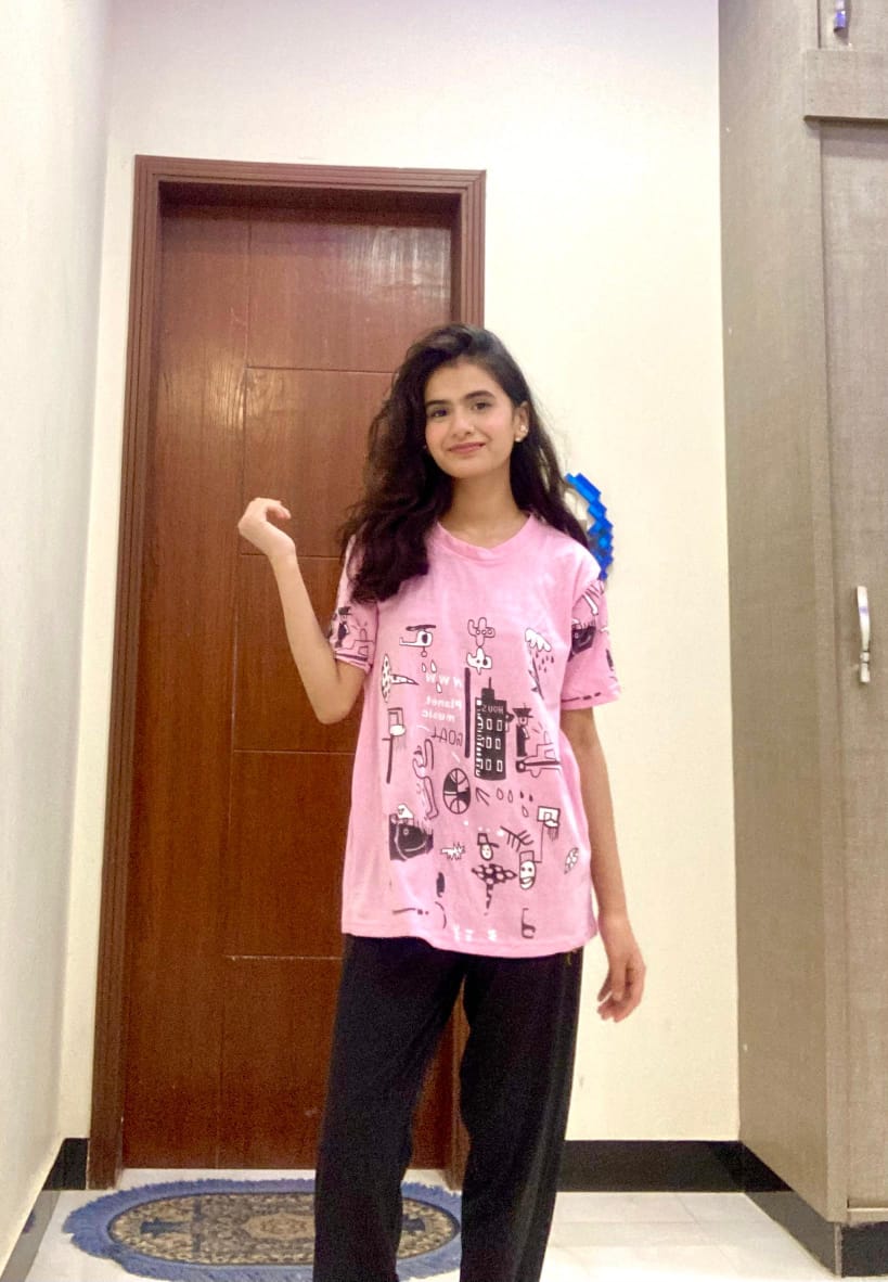 Pink Planet Music With Black Pajama Printed Night Suit