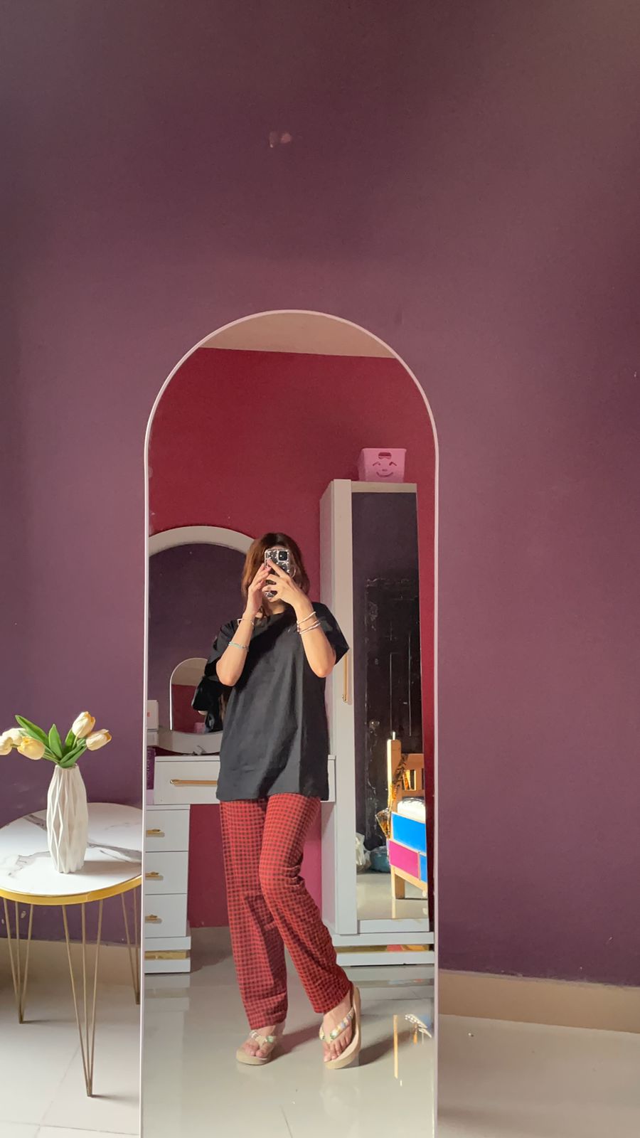 Black And Red Checkered Round Neck Pajama Night Suit