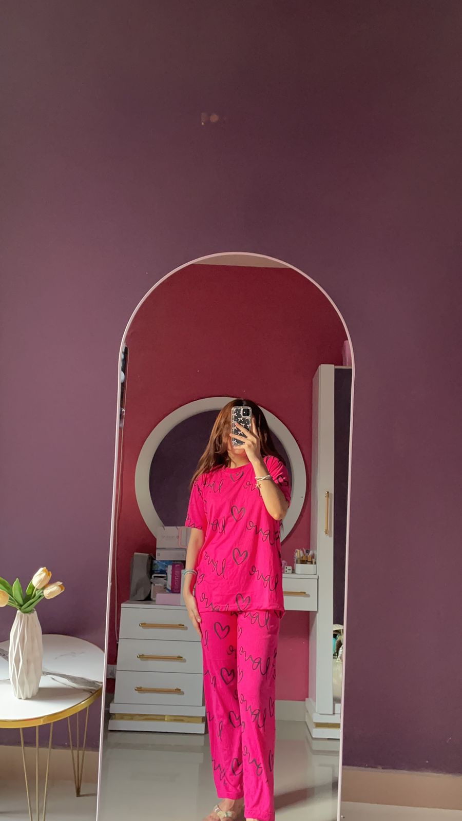 Atishi Pink Love Heart Printed Night Suit