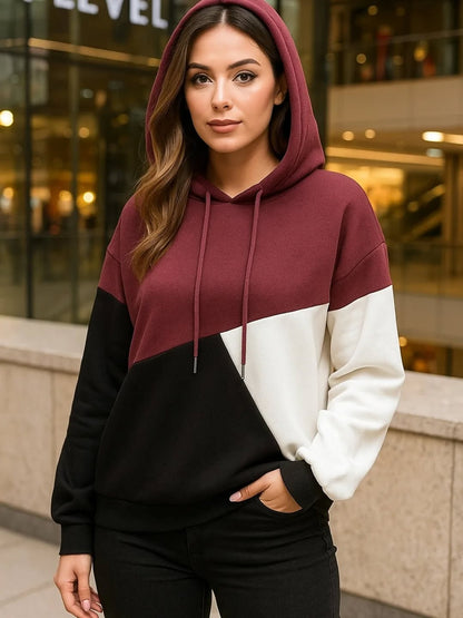 Maroon Black and White Cut and Sew Kangaroo Hoodie For Women