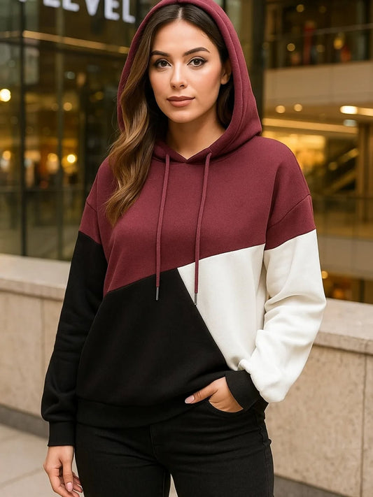 Maroon Black and White Cut and Sew Kangaroo Hoodie For Women