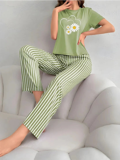 Green Sunflower Printed Night Suit