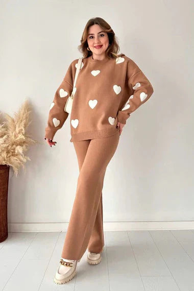 Camel with White Heart Printed Fleece Co-ords Set