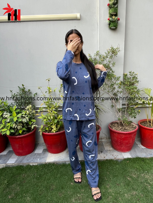 Blue Pattern Printed Woman Night Suit