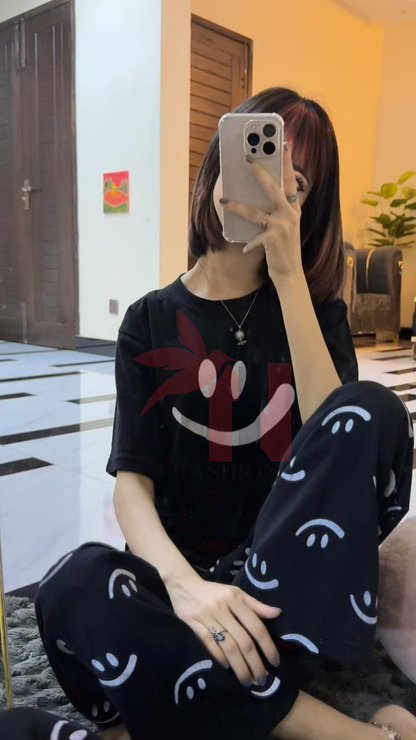 Black Smiley Printed Night Suit