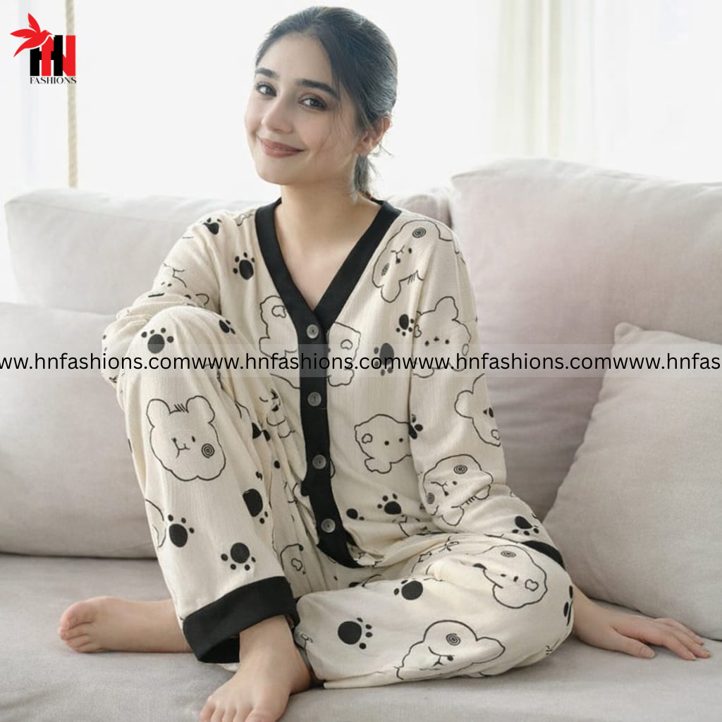 Cream With Black Bears V-Neck Button Printed Night Suit