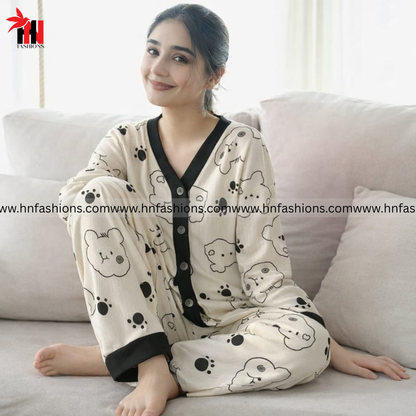 Cream With Black Bears V-Neck Button Printed Night Suit