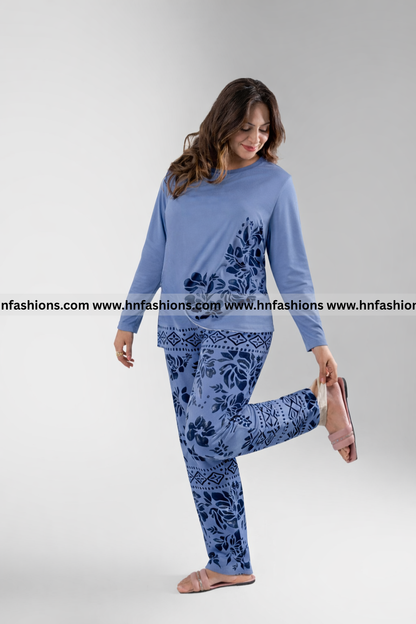Sky Blue Leaves Printed Night Suit