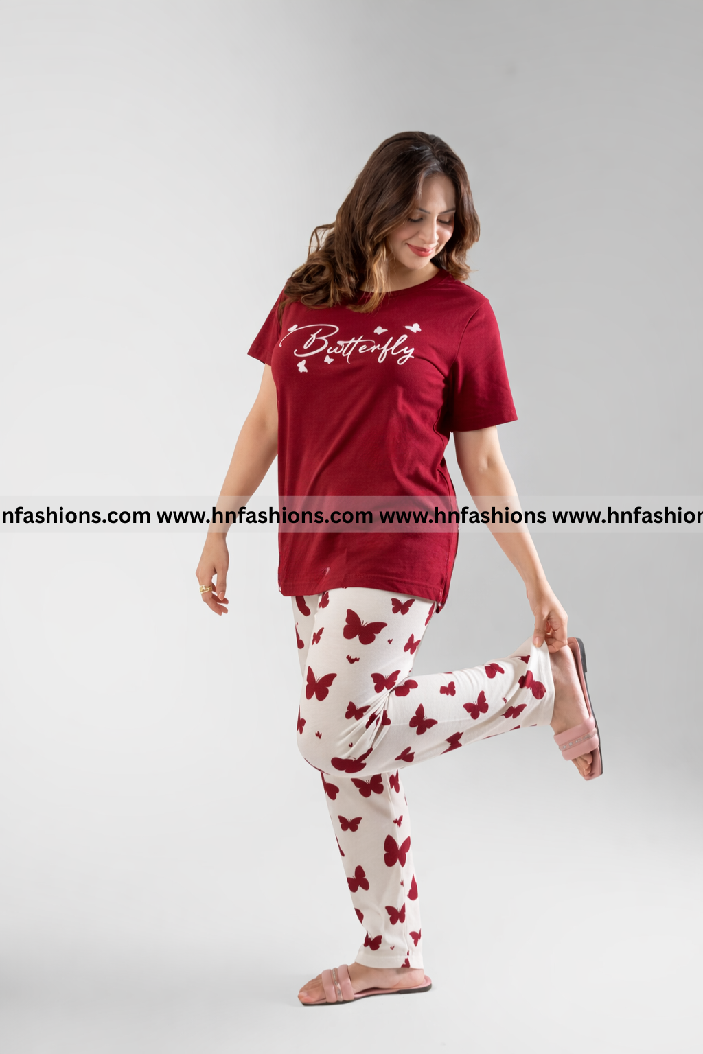 Maroon Small Butterfly Printed Night Suit