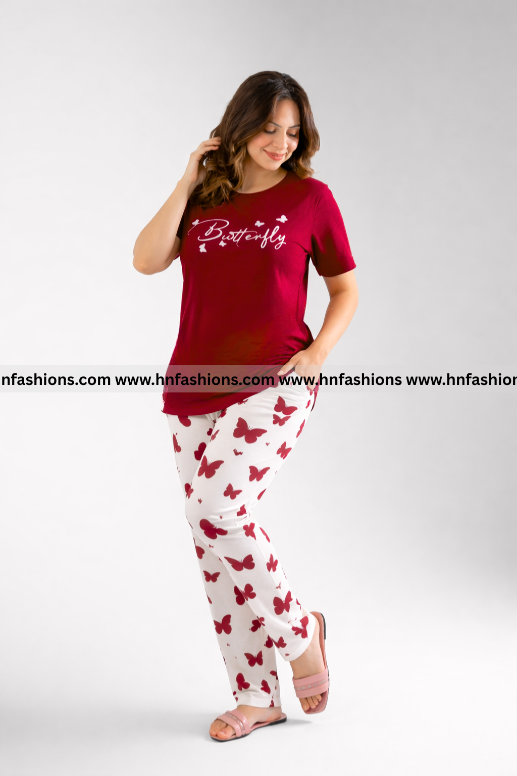Maroon Small Butterfly Printed Night Suit