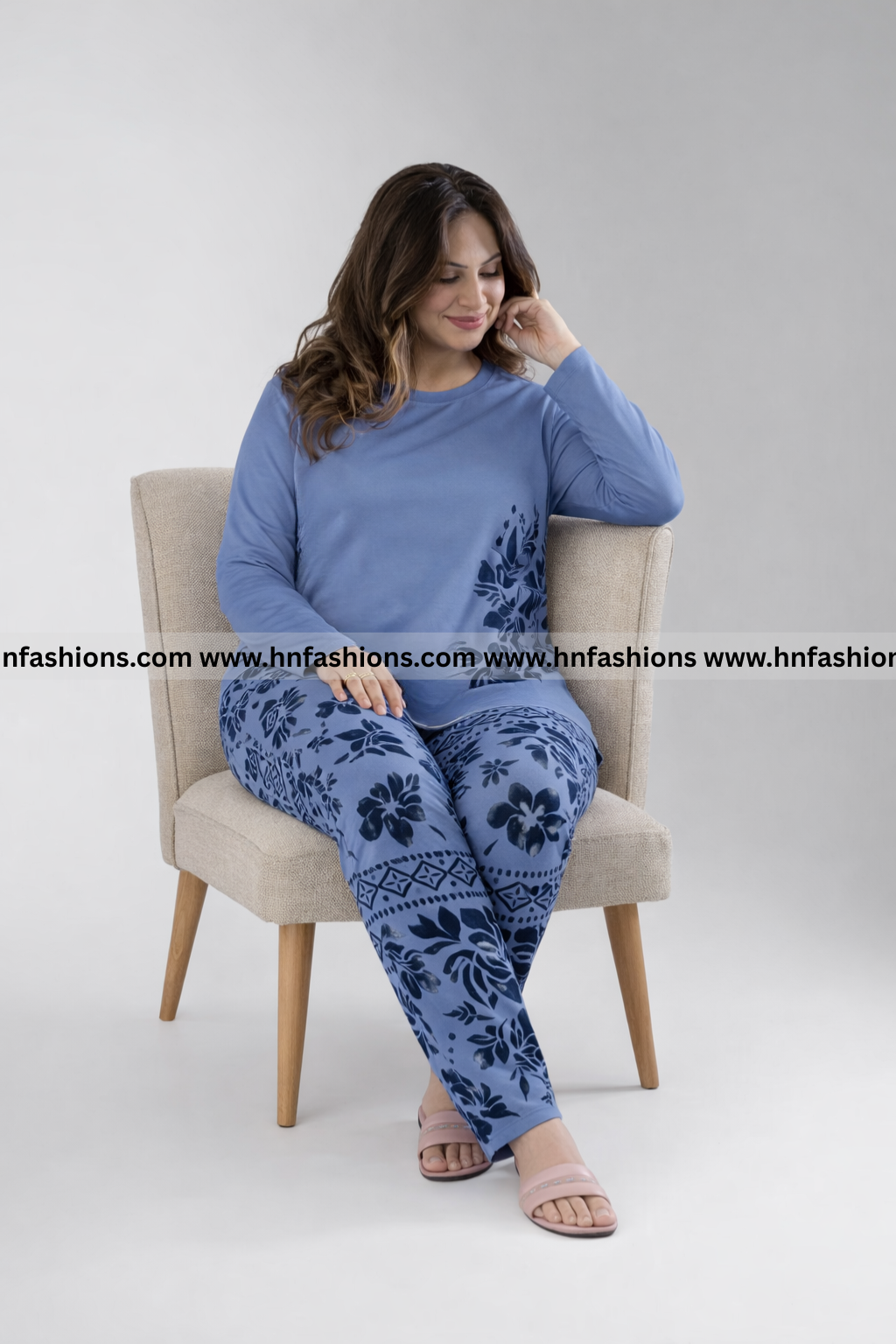 Sky Blue Leaves Printed Night Suit