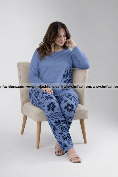 Sky Blue Leaves Printed Night Suit